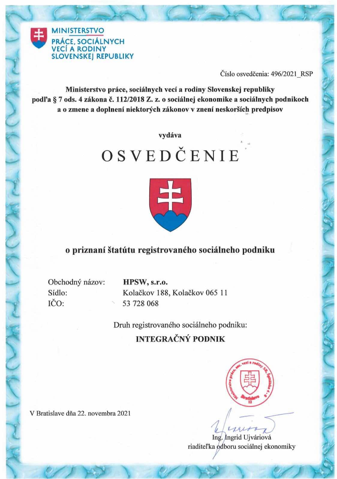 Osvedčenie o priznaní štatútu registrovaného sociálneho podniku